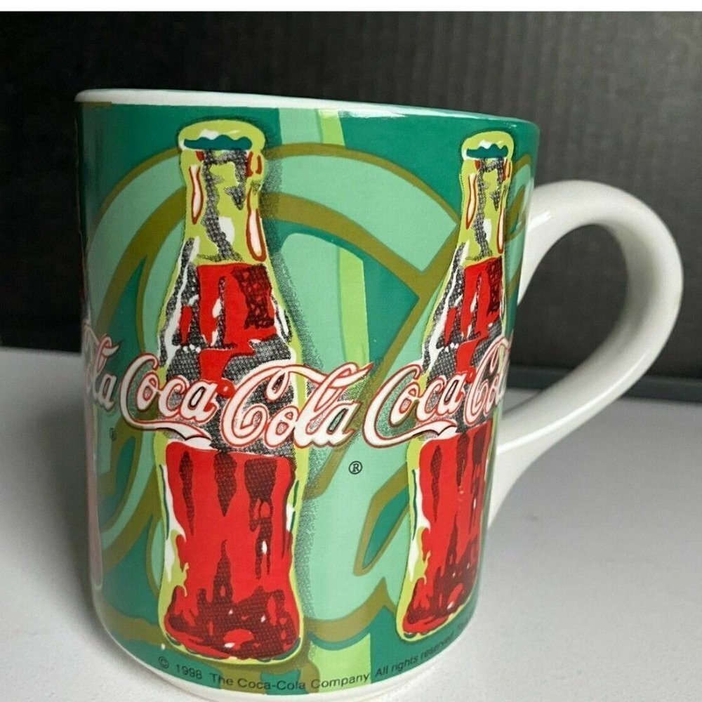 Vintage 1998 Coca Cola Mug  Coffee Cup GREEN RED Graffiti Made By Gibson 4.5"